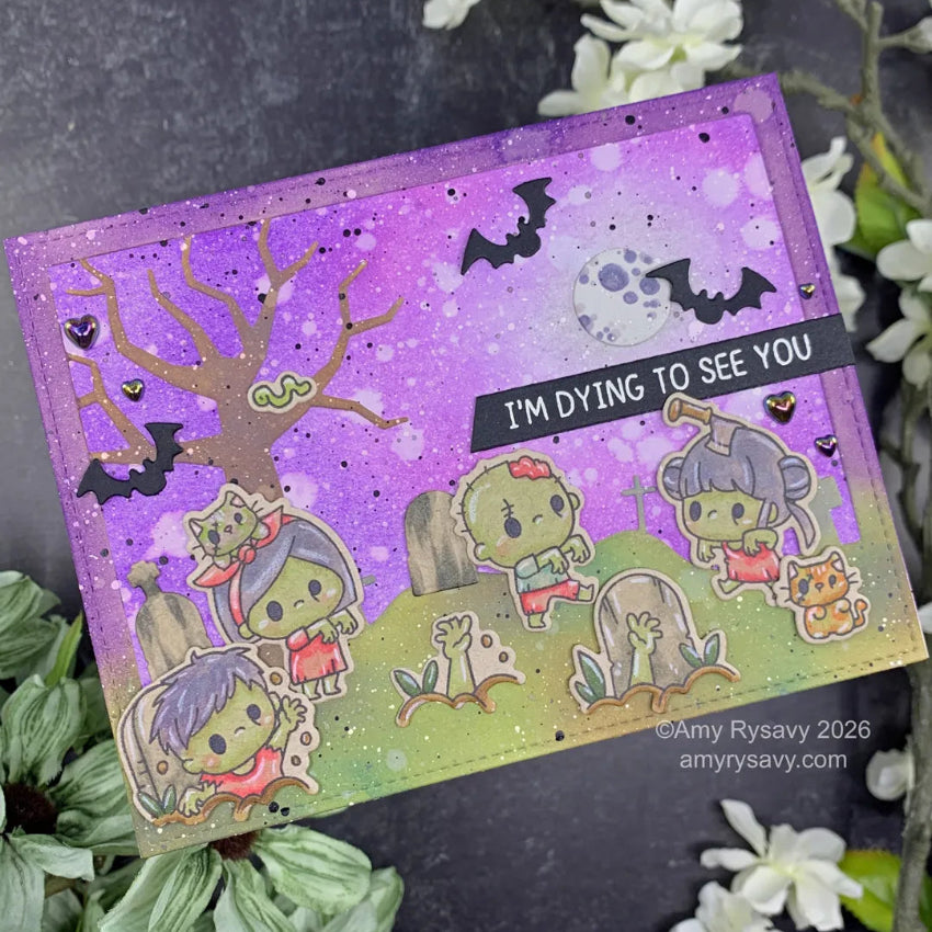Mama Elephant Walking Zombies Clear Stamps purple water splatter background card amy rysavy