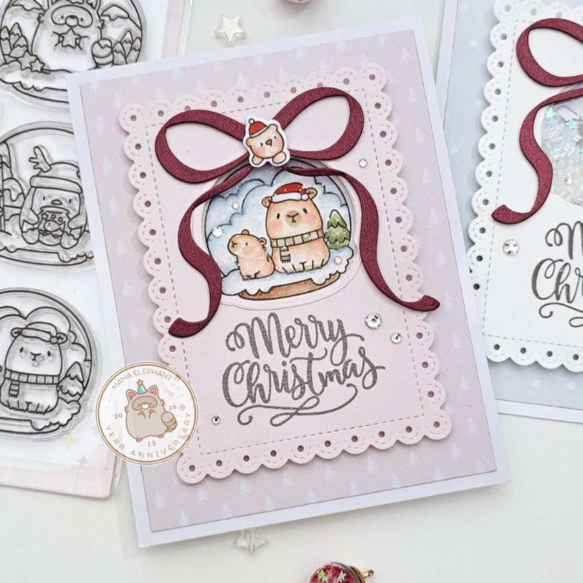Mama Elephant Winter Globes Clear Stamp and Die Set merry christmas