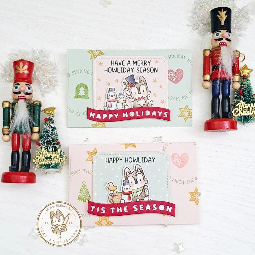 Mama Elephant Winter Wolf Clear Stamp and Die Set happy holidays mini cards