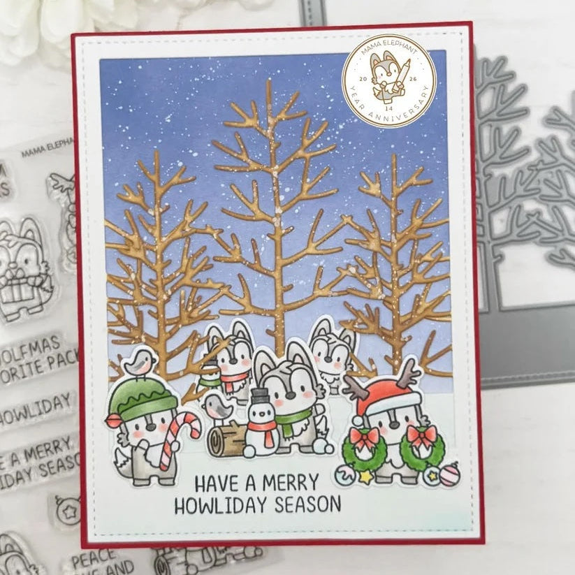 Mama Elephant Winter Wolf Clear Stamps have a merry season card