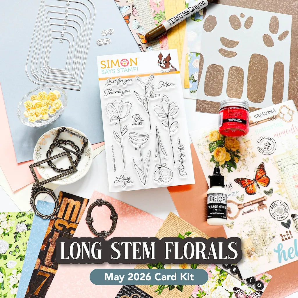May 2026 card kit with long stem florals theme, featuring stamps, dies, and other crafting tools.