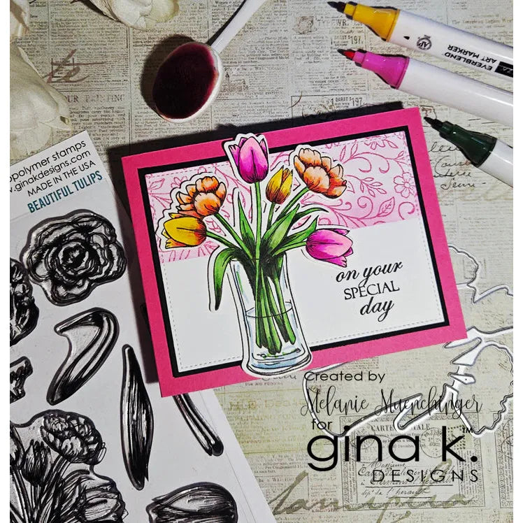 Gina K Designs Beautiful Tulips Stamps mm144 On your special day flowers in vase yellow orange pink