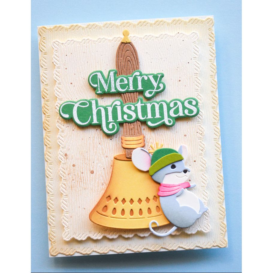 Memory Box Brass Handbell Dies 95000 mouse with green hat merry christmas card