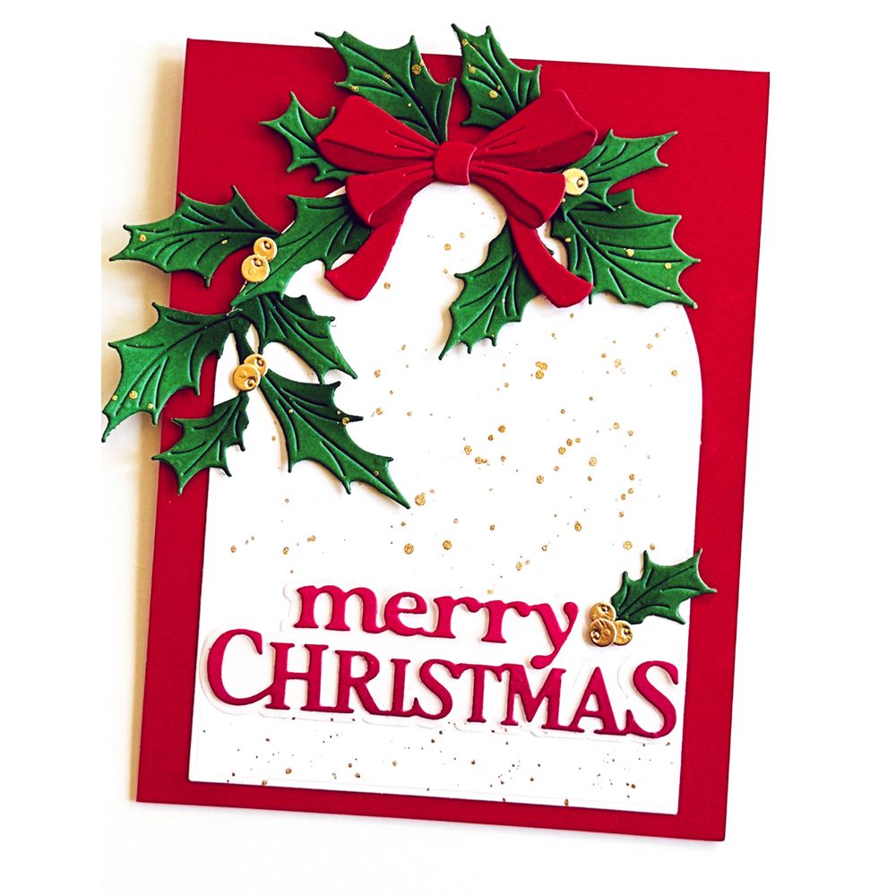 Memory Box Christmas Charm Holly and Pine Die Bundle red bow green leaves christmas card