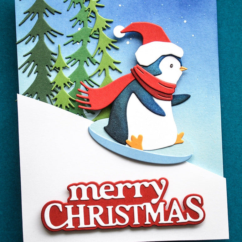 Memory Box Christmas Charm Penguin Die Bundle penguin on sled red scarf snow card