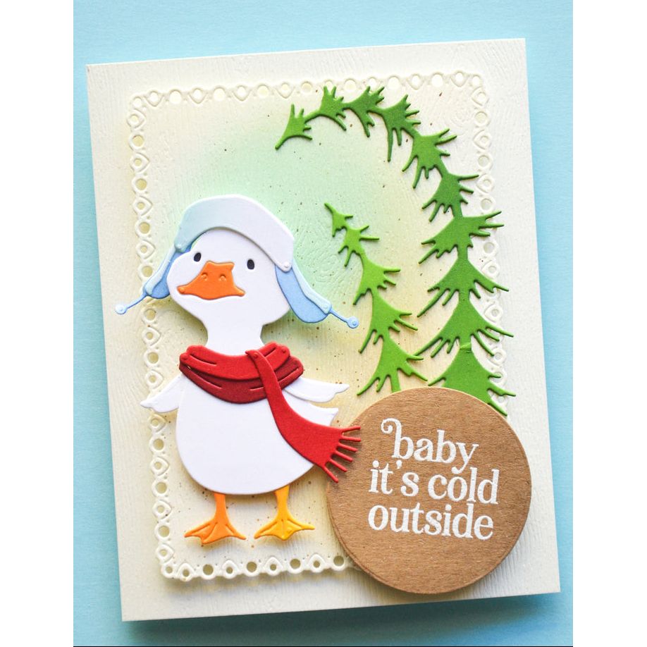 Memory Box Cozy Quacker Dies 95006 slumped trees red scard baby it's cold outside card
