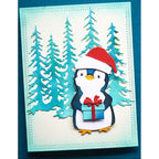 Memory Box Evergreen Tree Stand Die 94969 penguin holding present  blue trees