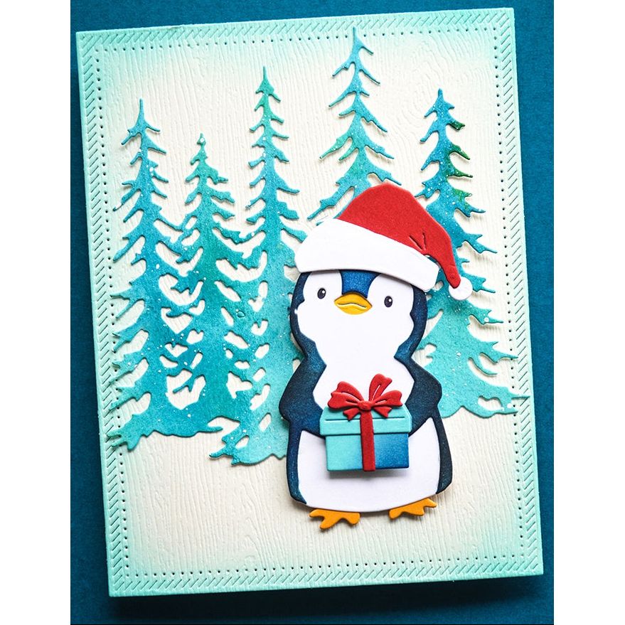 Memory Box Evergreen Tree Stand Die 94969 penguin holding present  blue trees