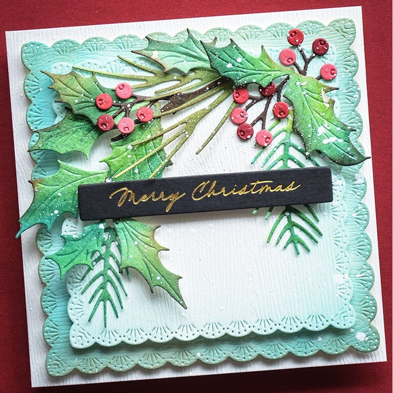 Memory Box Fan Stitch Scalloped Square Frames Dies 95008 berries green garland christmas card