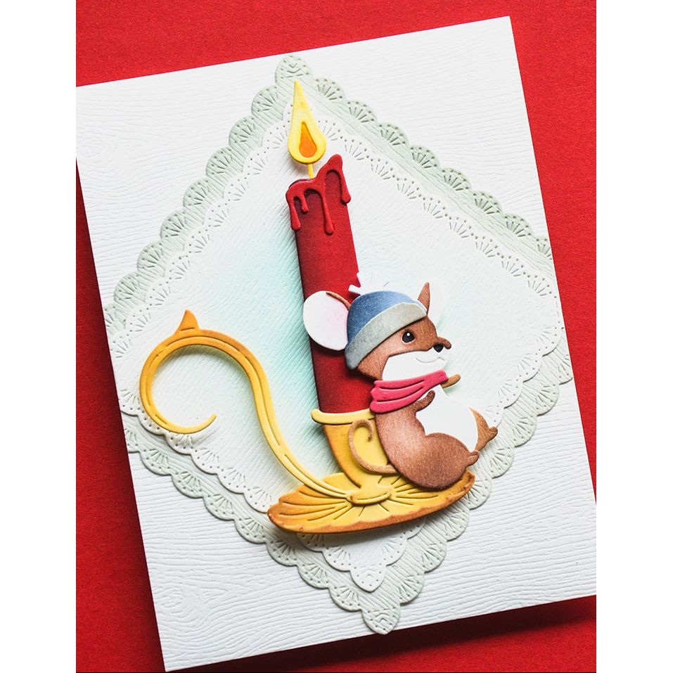 Memory Box Fan Stitch Scalloped Square Frames Dies 95008 mouse sitting on candle blue hat card