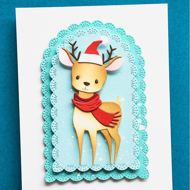 Memory Box Festive Fawn Dies 94966 blue background deer in hat