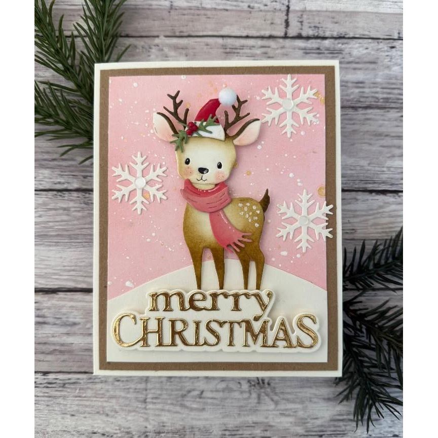 Memory Box Festive Fawn Dies 94966 reindeer on snow hill pink sky snowflakes christmas card