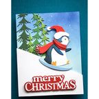 Memory Box Gathered Evergreens Dies 94975 penguin on sled christmas card
