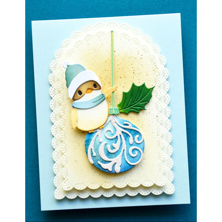Memory Box Gilded Scroll Ornament Dies 95005 bird with blue scarf leaf card