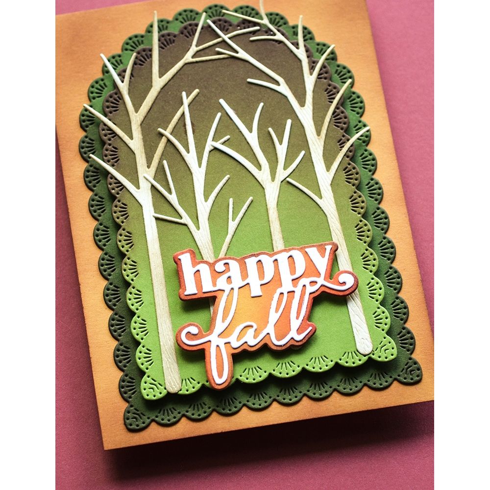 Memory Box Happy Fall Stylish Script Dies 94985 trees green layered background card