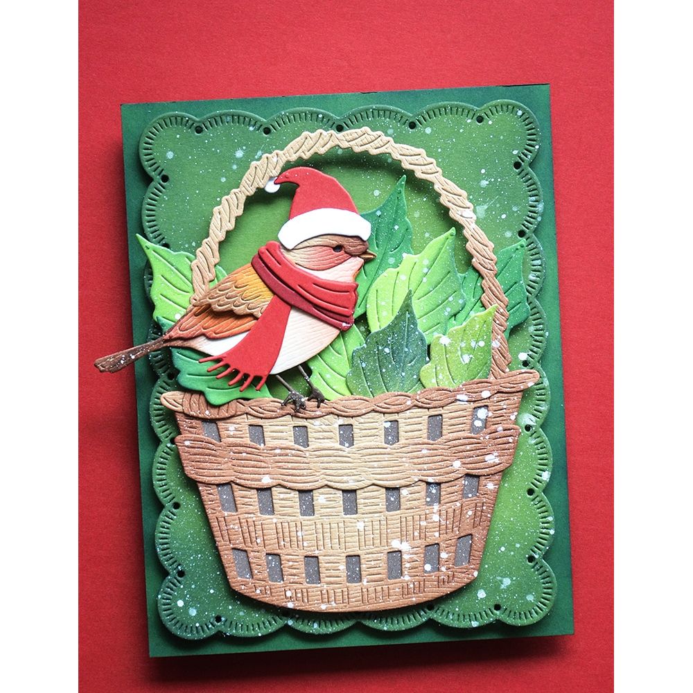 Memory Box Holiday Robin Dies 94989 bird sitting on basket green leaves card