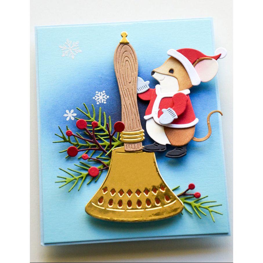 Memory Box Jolly Mouse Dies 94979 gold bell santa outfit berries snowflakes card