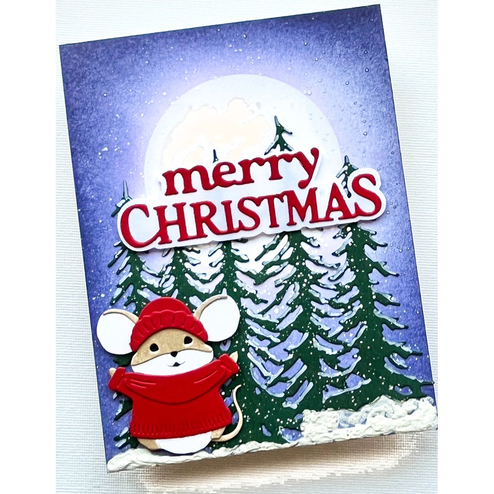 Memory Box Merry Christmas Timeless Script Dies 95001 mouse with red hat moon with trees card
