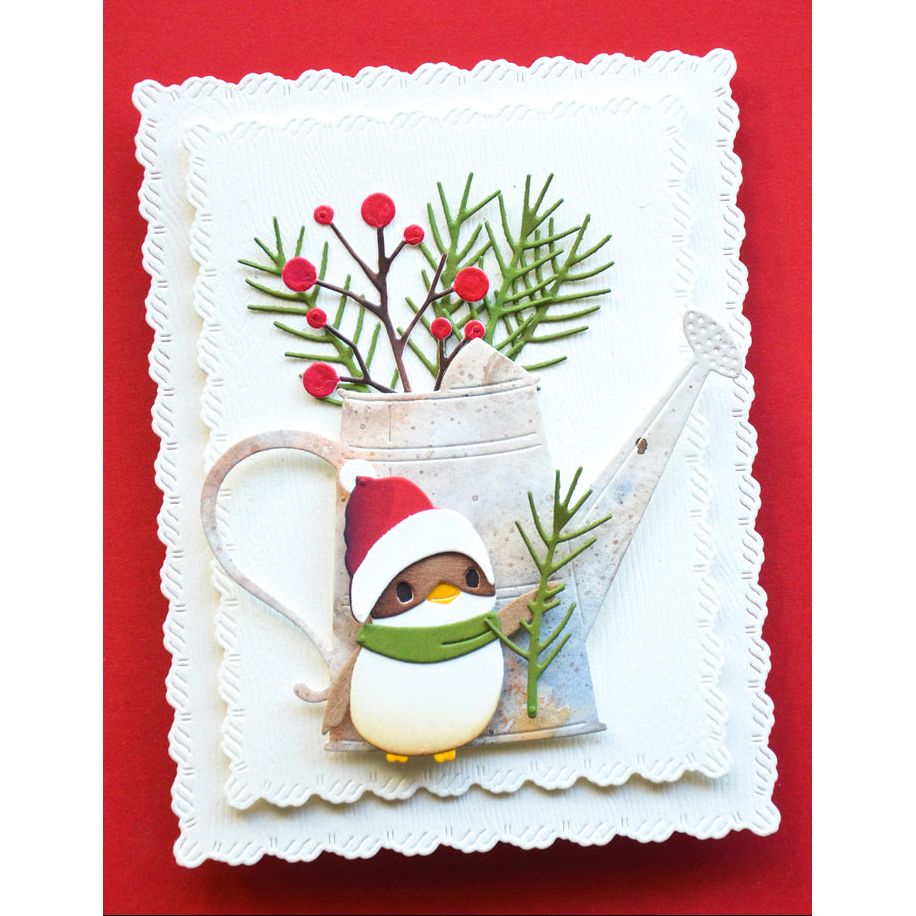 Memory Box Ollie Bird Dies 95002 watering can green scarf berries and twigs card