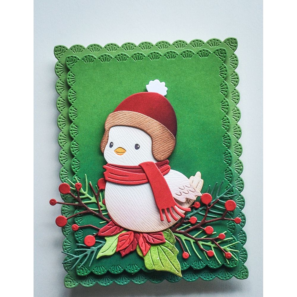 Memory Box Pine and Berries Sprigs Dies 94995 bird sitting on garland berries red scarf card