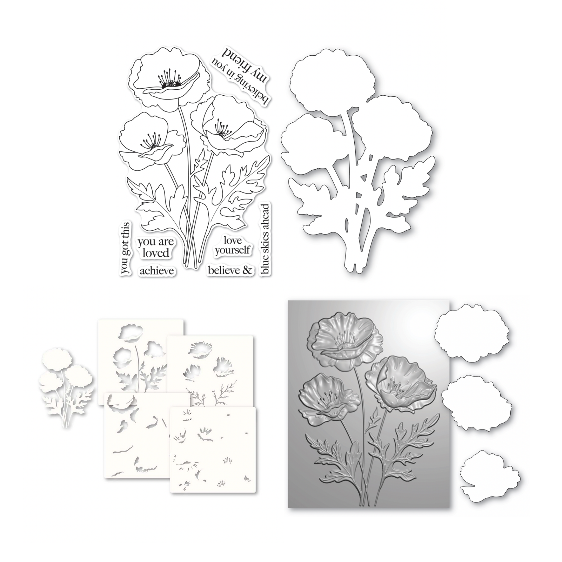 Memory Box Playful Poppies Folder, Stencils, Dies and Stamps Bundle
