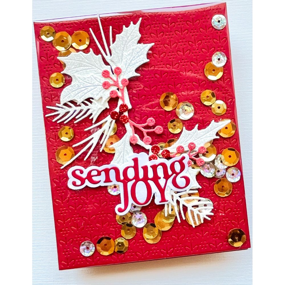 Memory Box Sending Joy Timeless Script Dies 94999 gold sequins white garland card