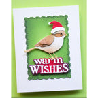 Memory Box Warm Wishes Timeless Script Dies 95003 brown bird with santa hat green square background card