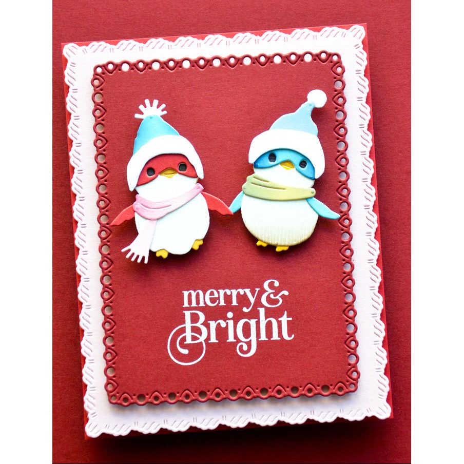 Memory Box Winter Birds Die Bundle birds with hat and scarves merry and bright red card
