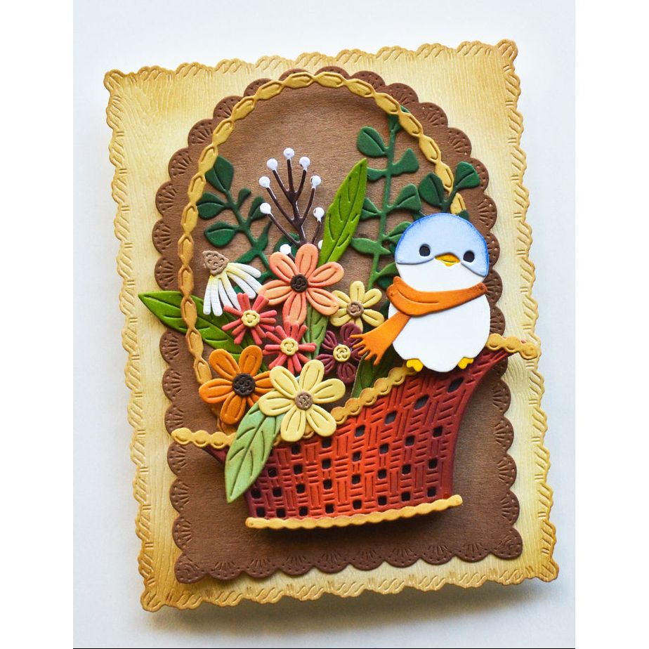 Memory Box Wyatt Bird Dies 95007 woven basket with flowers brown background card