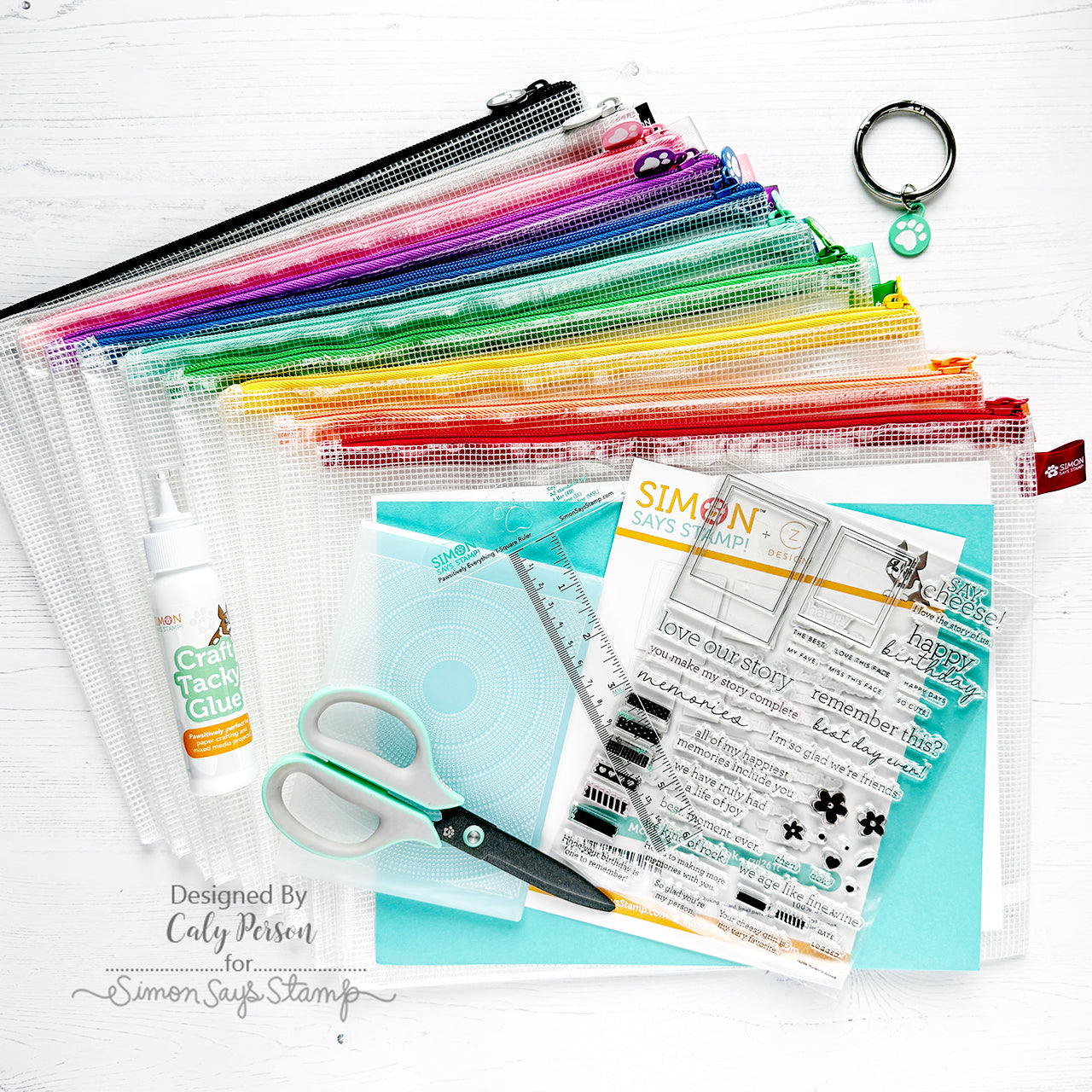 Simon Says Stamp Mesh Zipper Bags Rainbow Set With Ring Clip