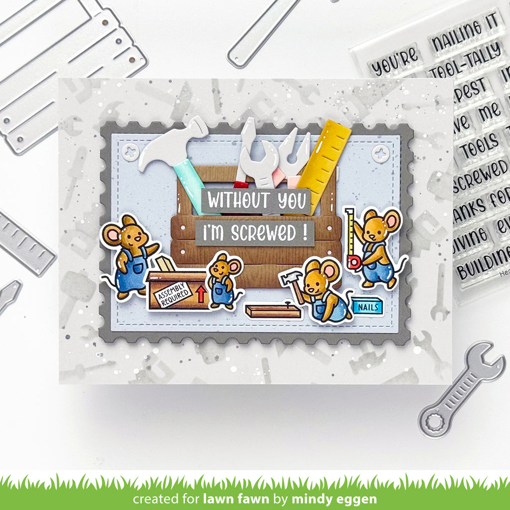 Mice in overalls with large toolbox and tools and sentiment 'without you i'm screwed'