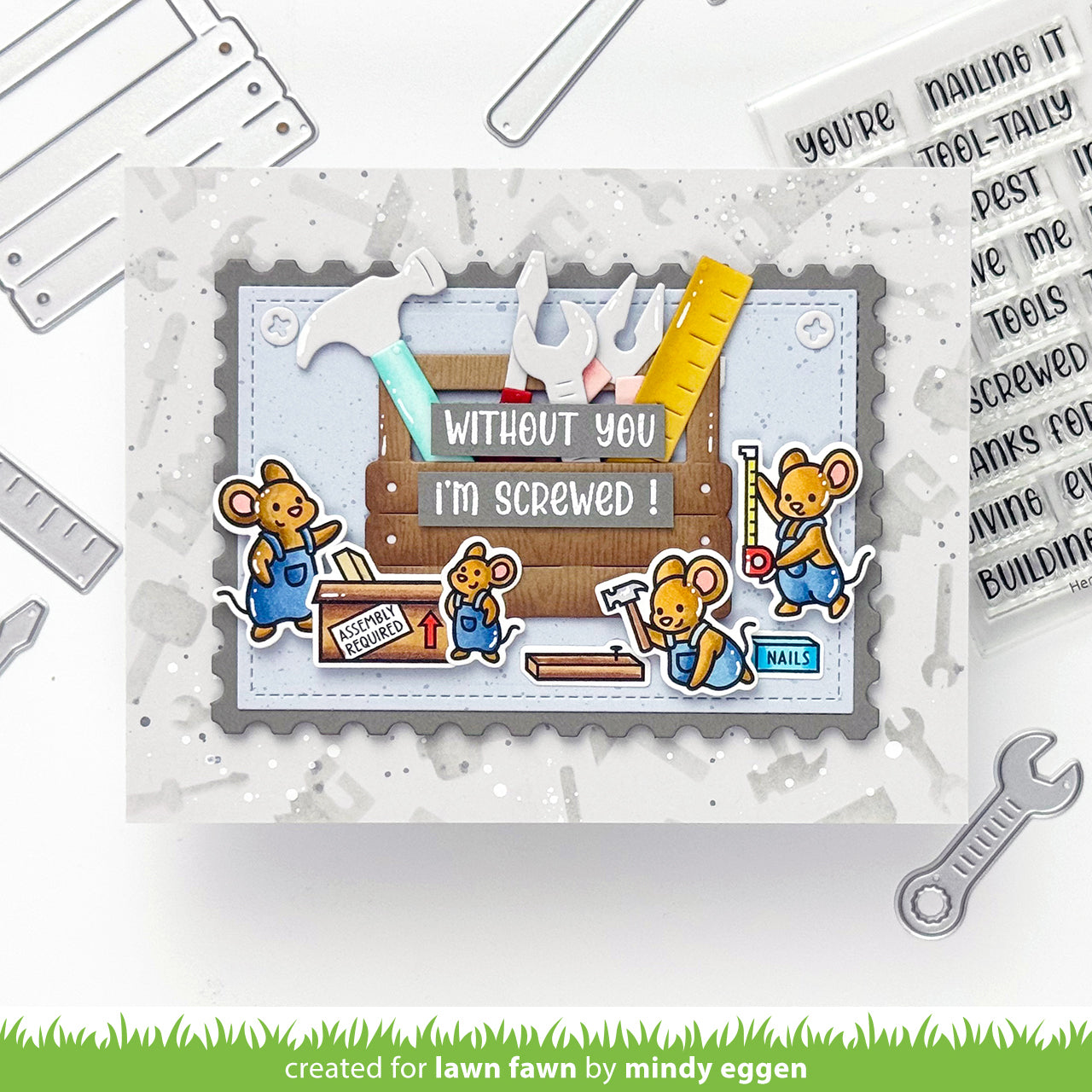 Mice in overalls with large toolbox and tools and sentiment 'without you i'm screwed'