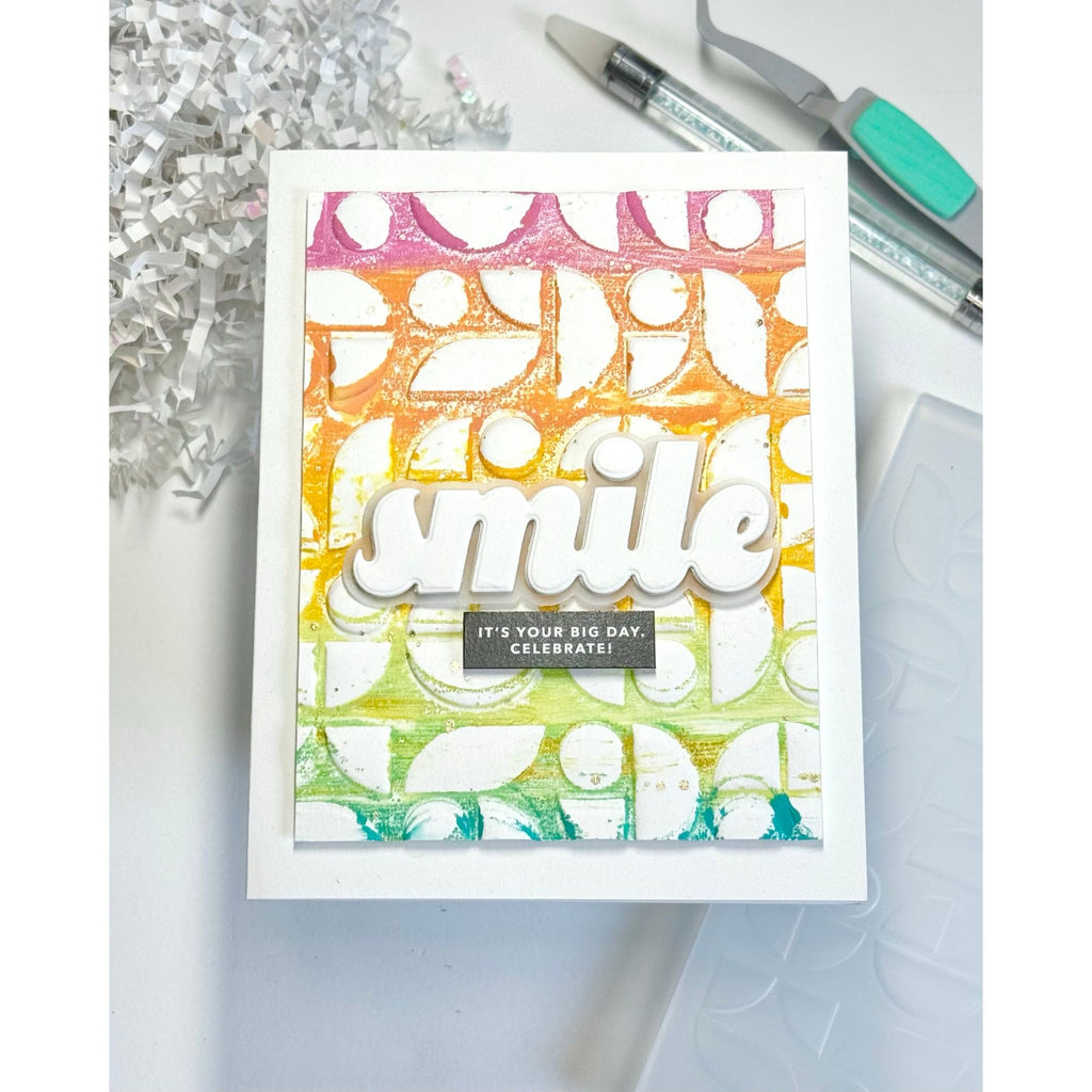 Simon Says Stamp Embossing Folder Mid Century Ethereal sf514 Happy Camper Smile Card