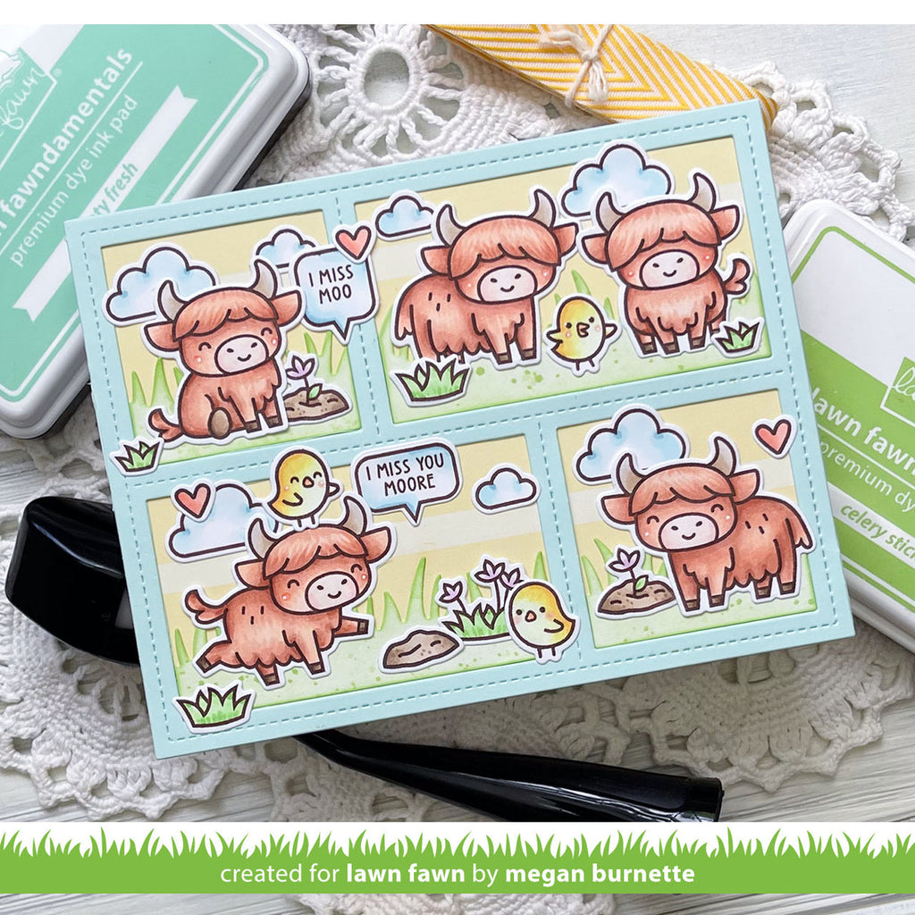 Miss You Card with highland cows and chicks on a grid panel to create a scene