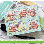 Miss You Card with highland cows and chicks on a grid panel to create a scene