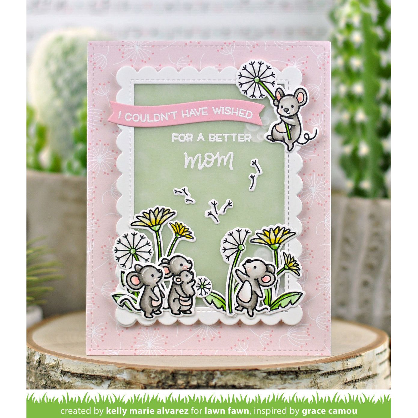 Mother's Day Card with mice and floral elements on a pink background