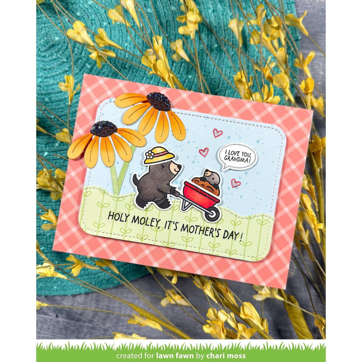 Mother's Day card moles in a wheelbarrow, surrounded by yellow flowers and a red gingham background