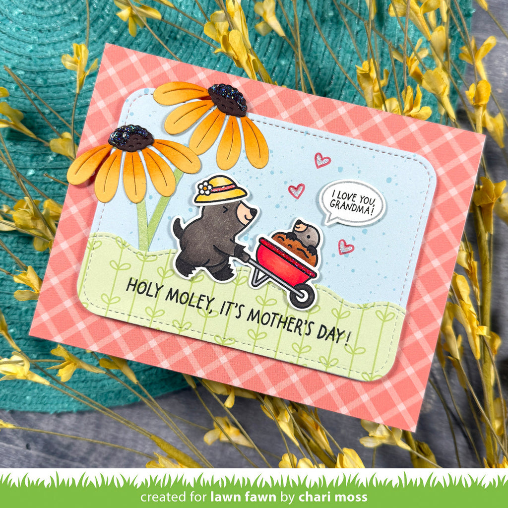Mother's Day card with mole, flowers, and text on a checkered background including sentiment 'i love you grandma'