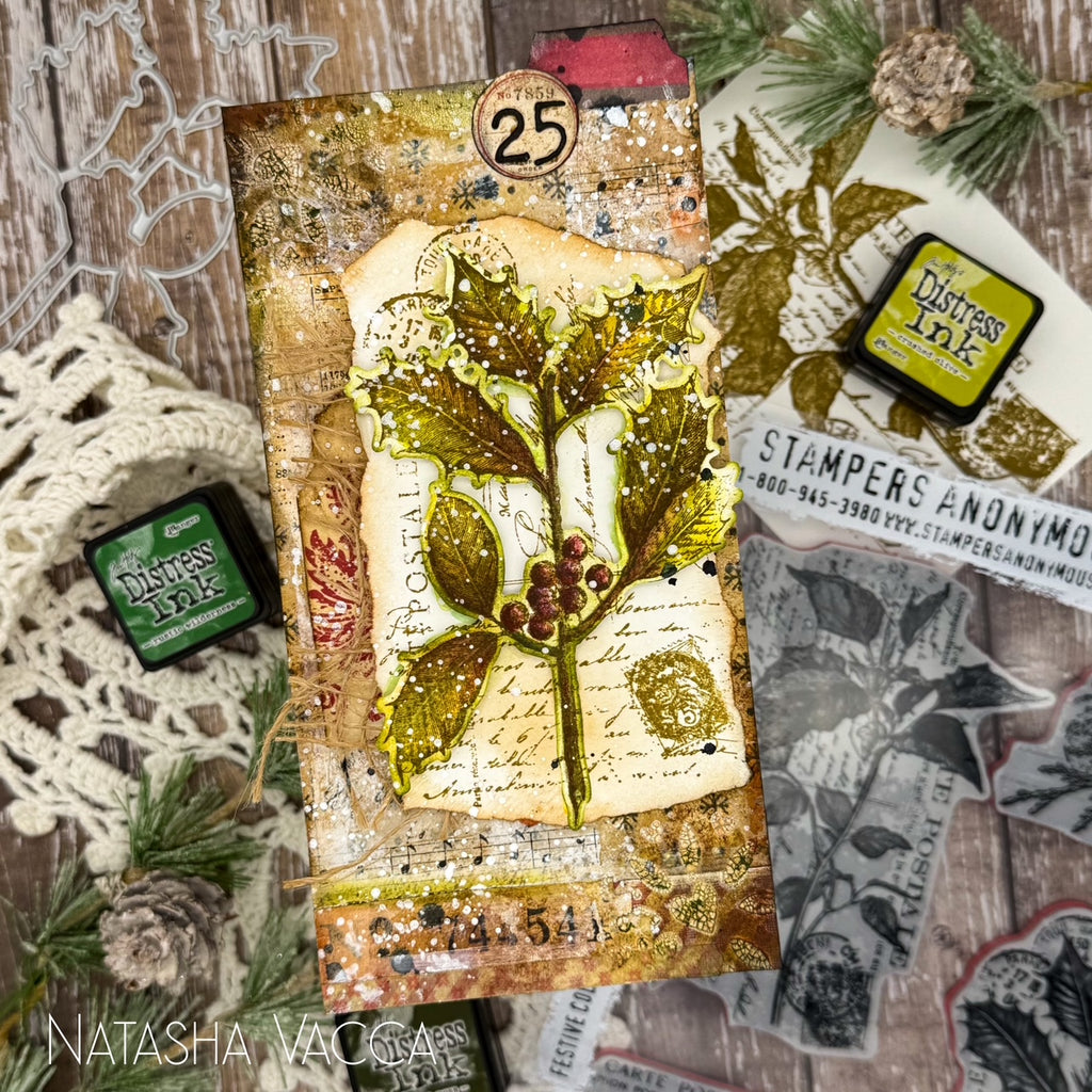 Tim Holtz Festive Collage Stamps with Simon Says Stamp Dies Bundle setfc25 Christmas Tag