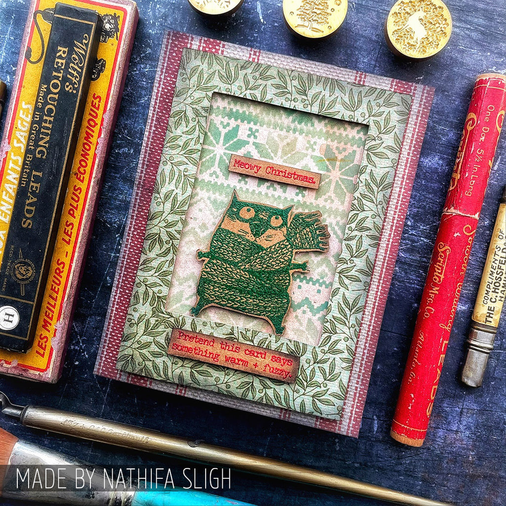 Tim Holtz Clear Stamps and Stencil Snarky Cat Christmas, Holiday Knit and Pines thmm134