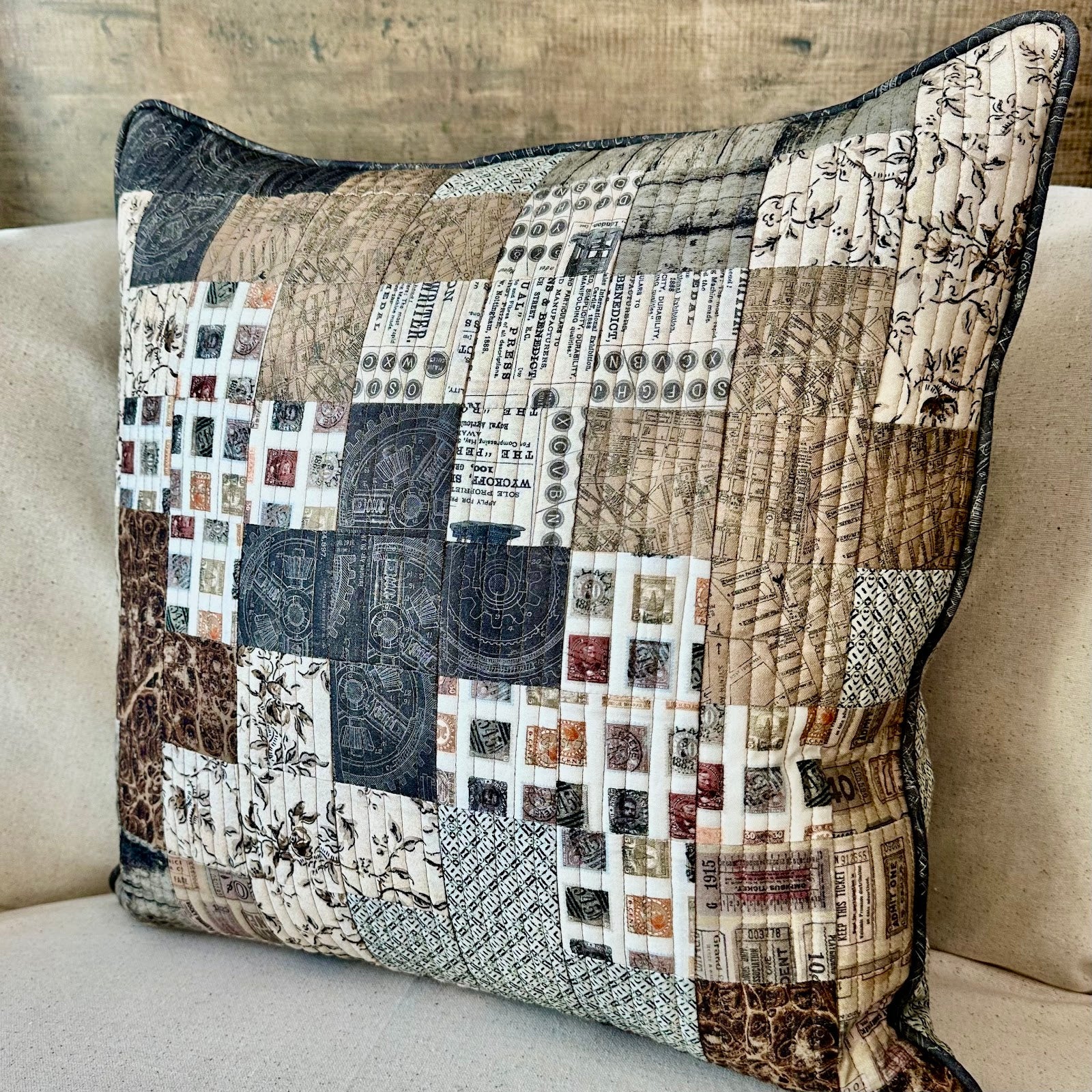 Richele Christensen: CrisCross Pillow neutral palette tim holtz fabric stitching DIY Decor | color-code:alt1