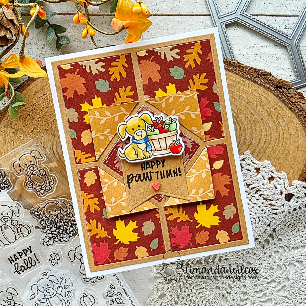 Newton's Nook Designs Autumn Dogs Clear Stamp and Die Set happy autumn apples card