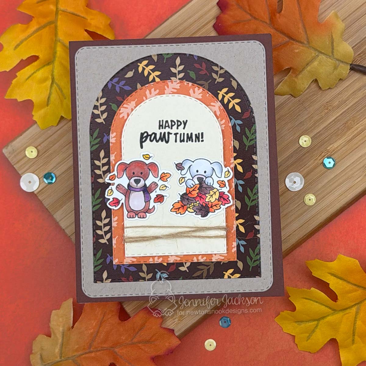 Newton's Nook Designs Autumn Dogs Clear Stamp and Die Set happy autumn leaves card