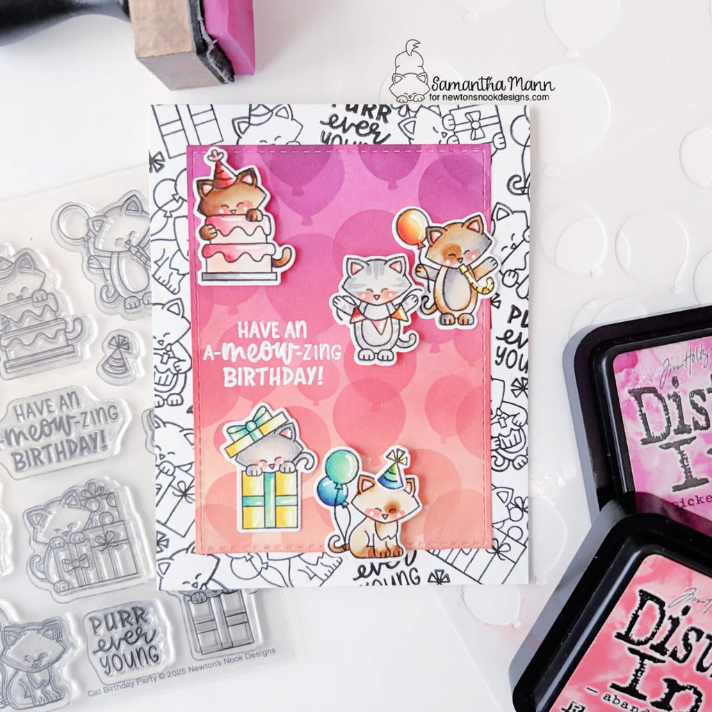 Newton's Nook Designs Cat Birthday Party Clear Stamps nn2507s01 pink
