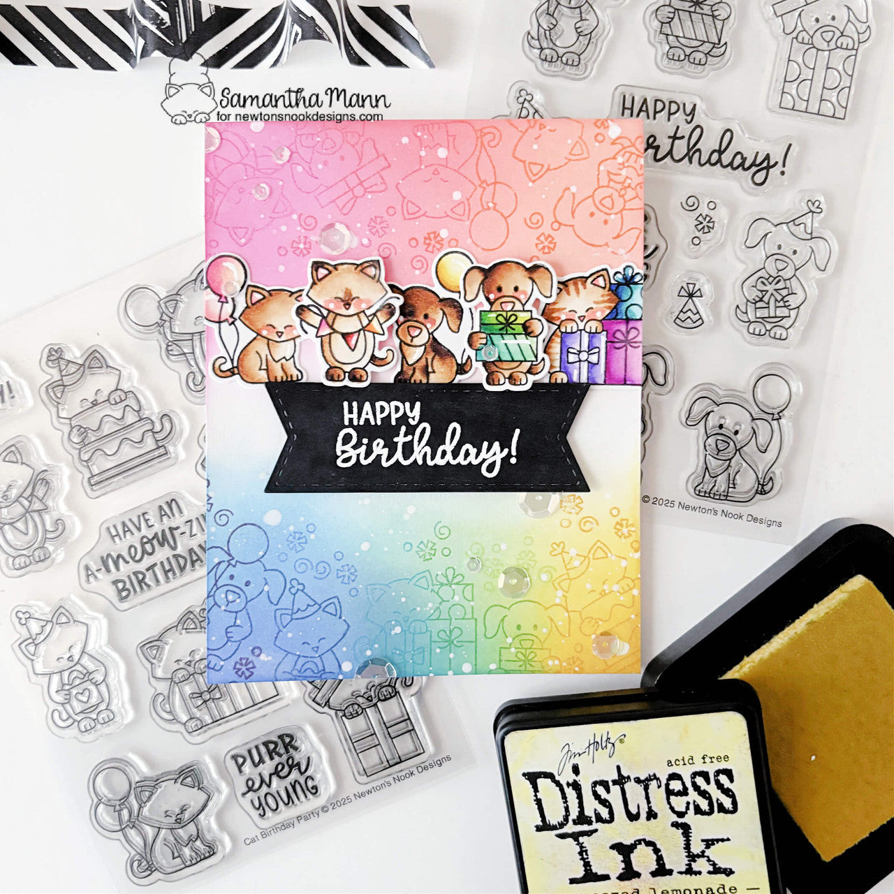 Newton's Nook Designs Dog Birthday Party Clear Stamp and Die Set rainbow