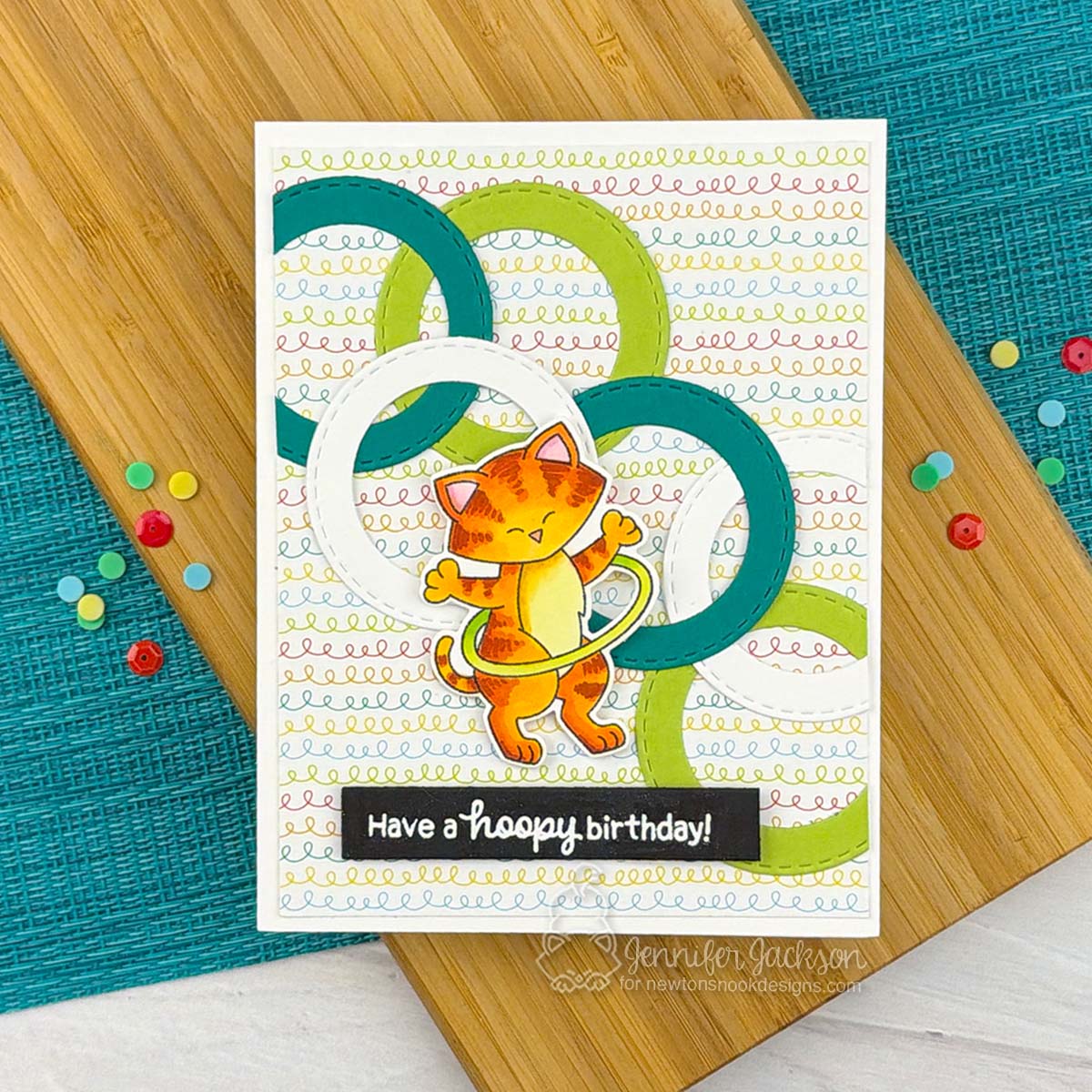 Newton's Nook Designs Hula Hoop Newton Clear Stamp and Die Set happy birthday card