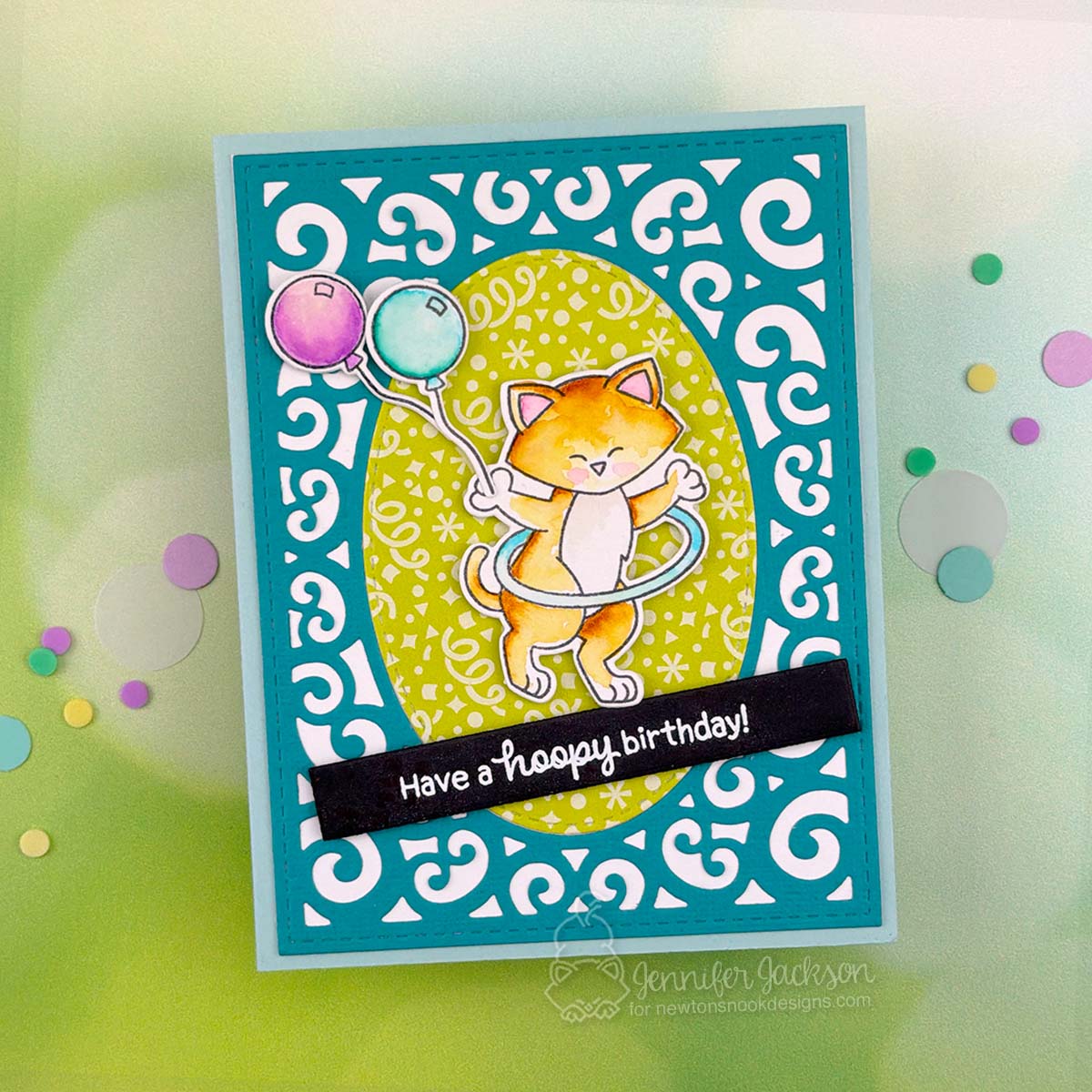 Newton's Nook Designs Hula Hoop Newton Clear Stamp and Die Set pink blue balloons birthday card