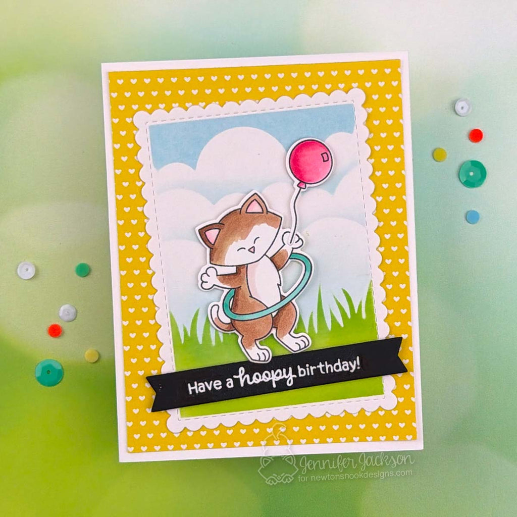 Newton's Nook Designs Hula Hoop Newton Clear Stamp and Die Set red balloon birthday card