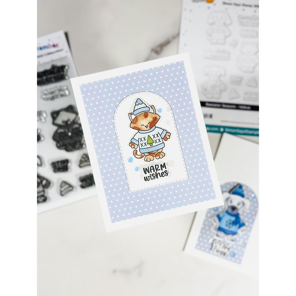 Newton's Nook Sweater Season STAMPtember Exclusive Stamps and Dies Critters in Sweaters Card Rosie Lopez Light blue