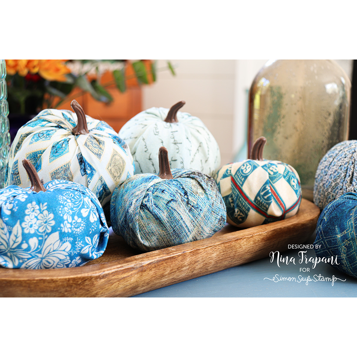 Tim Holtz Fabric By The Yard Blue Tiny Print pwth288 Eclectic Elements Palette No-Sew Pumpkins | color-code:ALT01